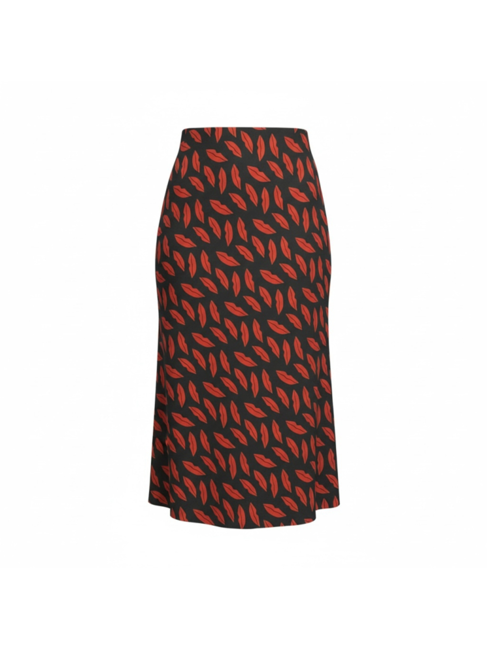 Size L Women's Ann Taylor Factory Black Red Lips Satin Elastic Waist Midi Skirt